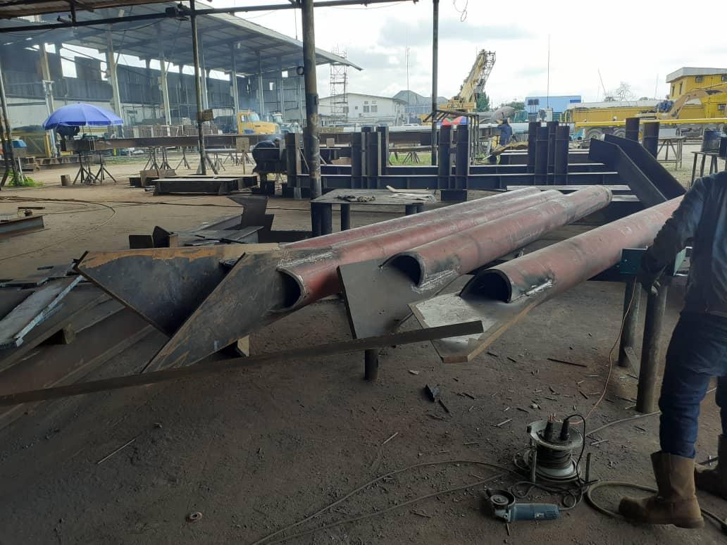 Fabricated steel components staged for installation